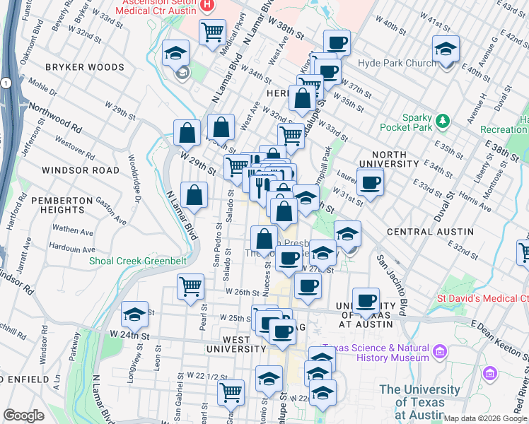 map of restaurants, bars, coffee shops, grocery stores, and more near 2820 Guadalupe Street in Austin
