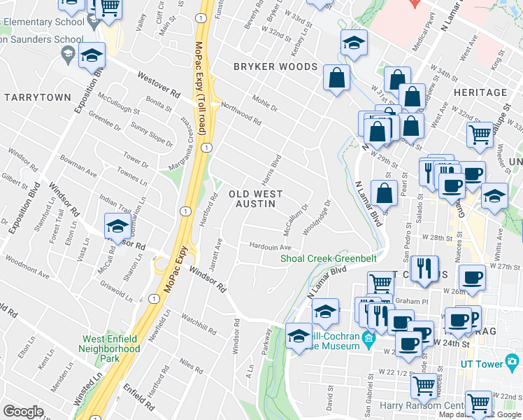 map of restaurants, bars, coffee shops, grocery stores, and more near 1415 Ethridge Avenue in Austin