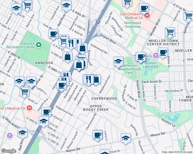 map of restaurants, bars, coffee shops, grocery stores, and more near 1408 Kirkwood Road in Austin