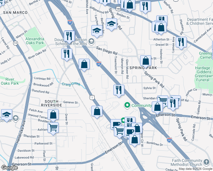 map of restaurants, bars, coffee shops, grocery stores, and more near 2866 Stonemont Street in Jacksonville