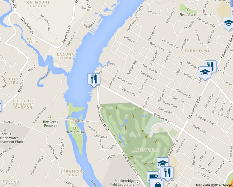 map of restaurants, bars, coffee shops, grocery stores, and more near Enfield Rd & Raleigh Ave in Austin