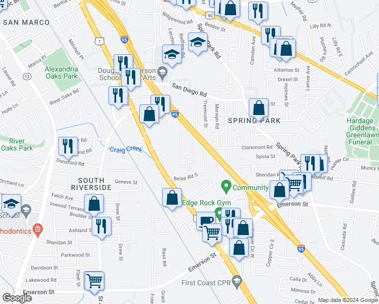 map of restaurants, bars, coffee shops, grocery stores, and more near 2866 Stonemont Street in Jacksonville