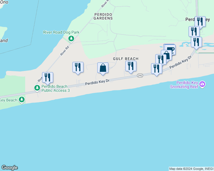 map of restaurants, bars, coffee shops, grocery stores, and more near 14237 Perdido Key Drive in Pensacola