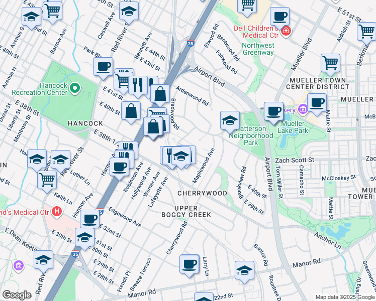 map of restaurants, bars, coffee shops, grocery stores, and more near 1408 Kirkwood Road in Austin