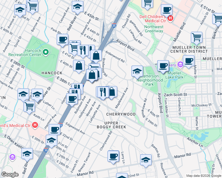 map of restaurants, bars, coffee shops, grocery stores, and more near 1408 Kirkwood Road in Austin