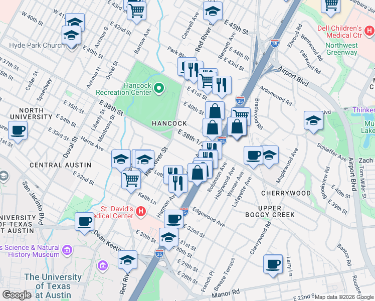 map of restaurants, bars, coffee shops, grocery stores, and more near 1000 East 38th Street in Austin