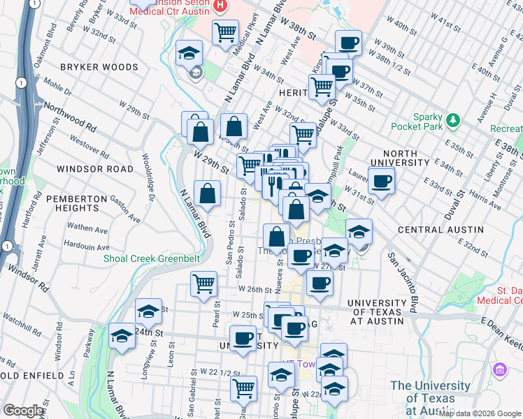 map of restaurants, bars, coffee shops, grocery stores, and more near in Austin