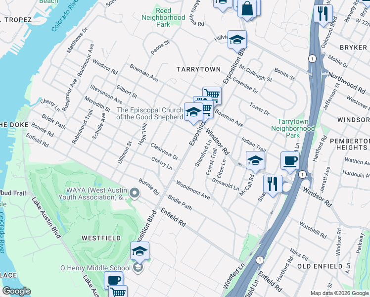 map of restaurants, bars, coffee shops, grocery stores, and more near 1909 Hill Oaks Court in Austin