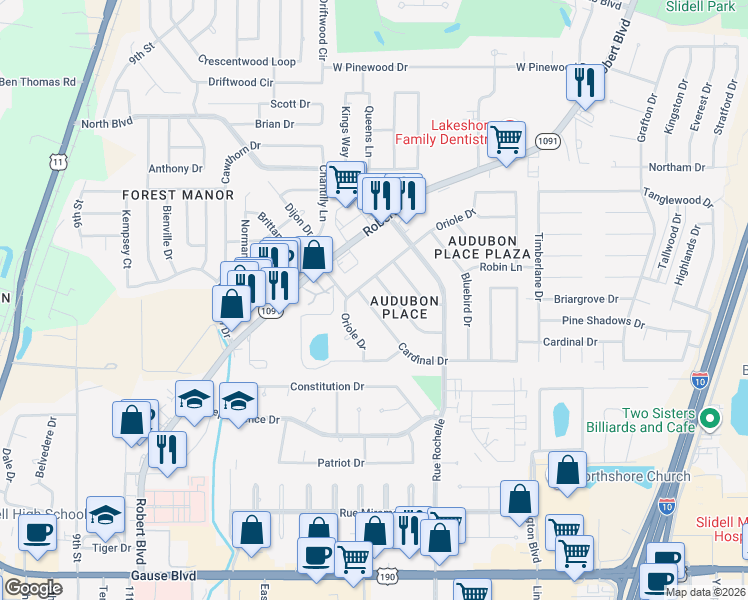 map of restaurants, bars, coffee shops, grocery stores, and more near 248 Oriole Drive in Slidell