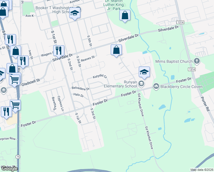 map of restaurants, bars, coffee shops, grocery stores, and more near 830 Belvedere Drive in Conroe