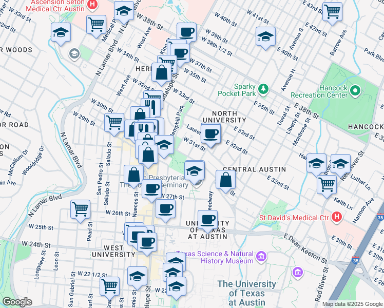 map of restaurants, bars, coffee shops, grocery stores, and more near 3001 Cedar Street in Austin