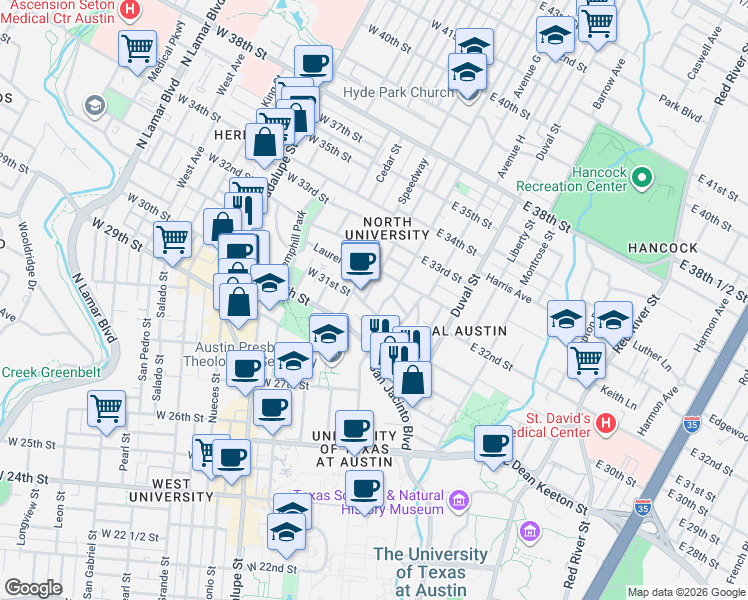 map of restaurants, bars, coffee shops, grocery stores, and more near 3115 Helms Street in Austin