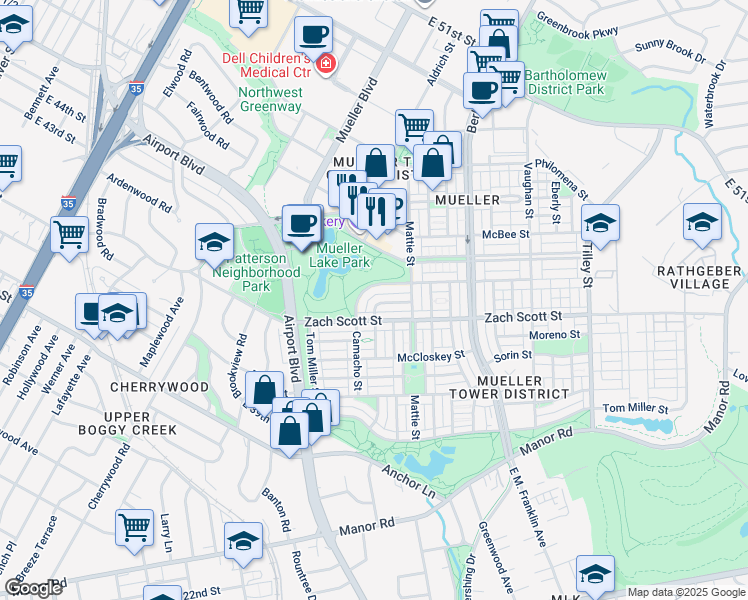 map of restaurants, bars, coffee shops, grocery stores, and more near 4212 Scales Street in Austin