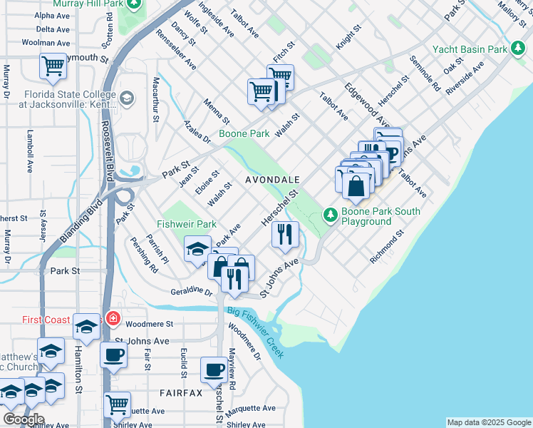 map of restaurants, bars, coffee shops, grocery stores, and more near 1677 Pine Grove Avenue in Jacksonville