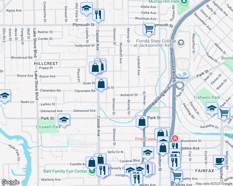 map of restaurants, bars, coffee shops, grocery stores, and more near 4738 Tunis Street in Jacksonville