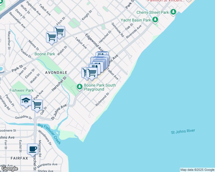 map of restaurants, bars, coffee shops, grocery stores, and more near 3570 Hedrick Street in Jacksonville