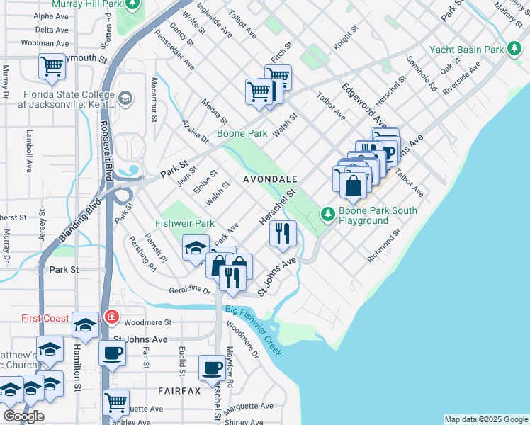 map of restaurants, bars, coffee shops, grocery stores, and more near 1677 Pine Grove Avenue in Jacksonville