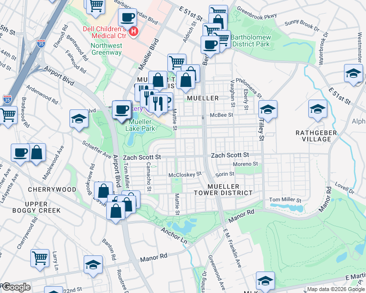 map of restaurants, bars, coffee shops, grocery stores, and more near 4233 Mattie Street in Austin