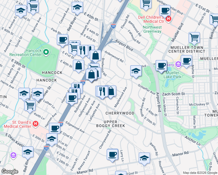 map of restaurants, bars, coffee shops, grocery stores, and more near 1408 Kirkwood Road in Austin