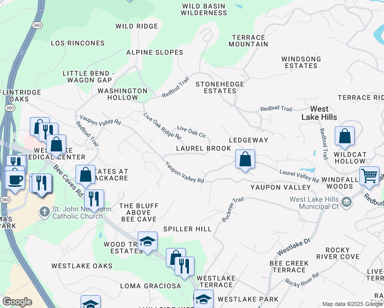 map of restaurants, bars, coffee shops, grocery stores, and more near 900 Live Oak Circle in West Lake Hills