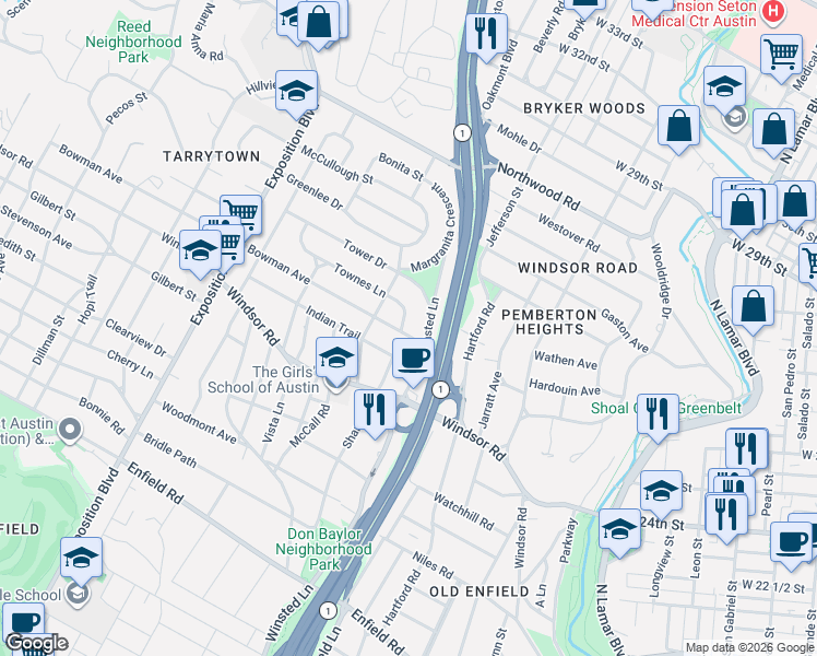 map of restaurants, bars, coffee shops, grocery stores, and more near 2501 Aztec Drive in Austin