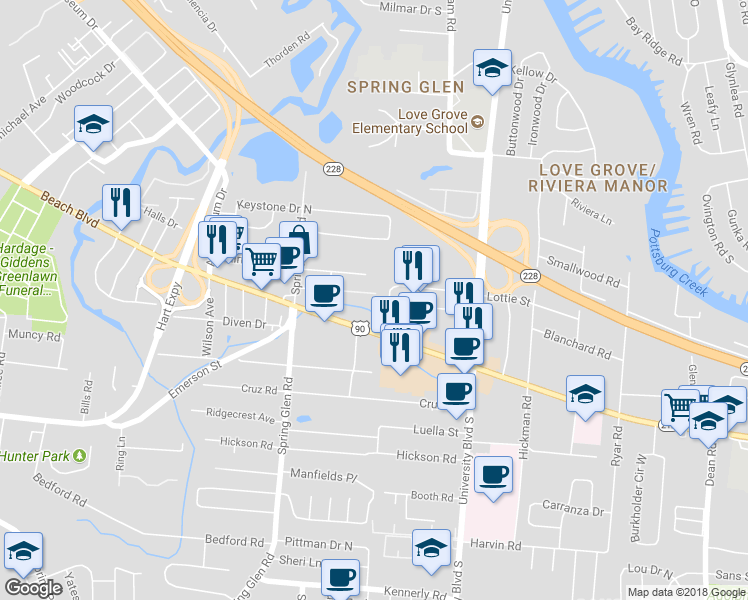 map of restaurants, bars, coffee shops, grocery stores, and more near 5570 Barker Street in Jacksonville