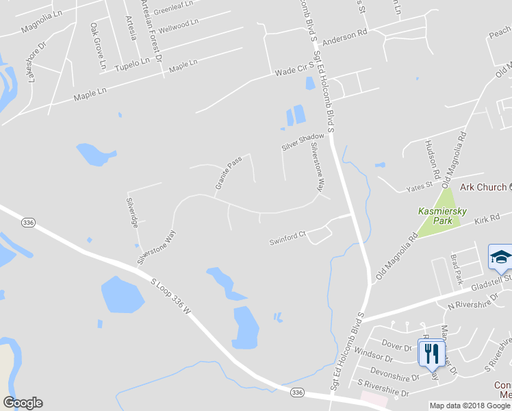 map of restaurants, bars, coffee shops, grocery stores, and more near 2628 Silverstone Way in Conroe
