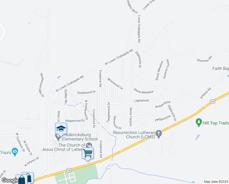 map of restaurants, bars, coffee shops, grocery stores, and more near 309 Wildwood Drive in Fredericksburg