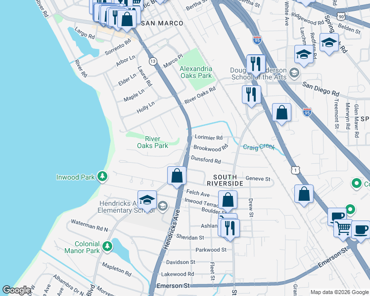map of restaurants, bars, coffee shops, grocery stores, and more near 3000 San Jose Boulevard in Jacksonville