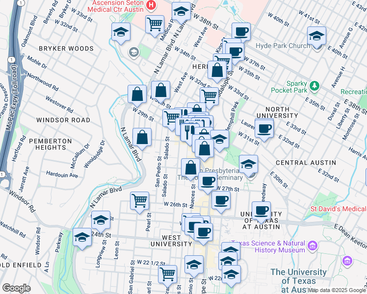 map of restaurants, bars, coffee shops, grocery stores, and more near 2819 Rio Grande Street in Austin