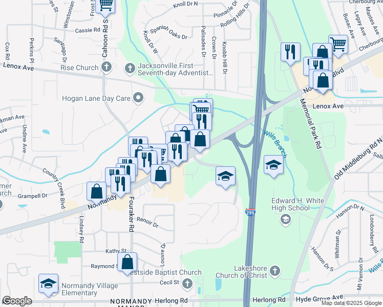 map of restaurants, bars, coffee shops, grocery stores, and more near 1442 Bivins Road in Jacksonville