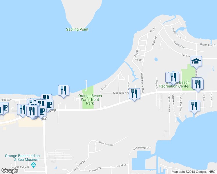 map of restaurants, bars, coffee shops, grocery stores, and more near 26568 Bay Circle in Orange Beach