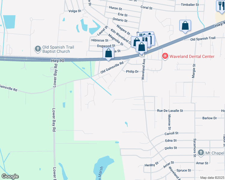 map of restaurants, bars, coffee shops, grocery stores, and more near 1292 Bloom Place in Waveland