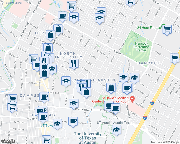 map of restaurants, bars, coffee shops, grocery stores, and more near E 32nd St & Tom Green St in Austin
