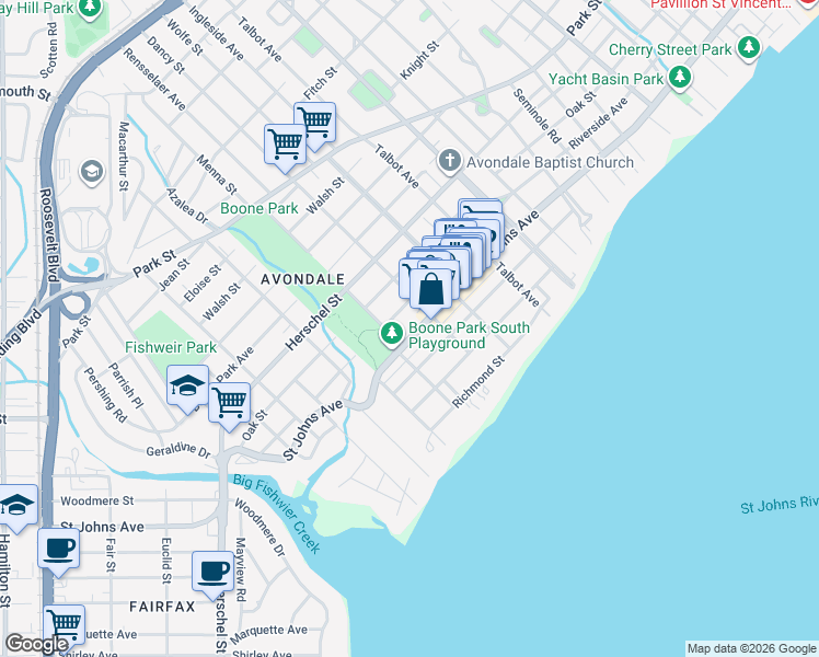 map of restaurants, bars, coffee shops, grocery stores, and more near 3677 Saint Johns Avenue in Jacksonville