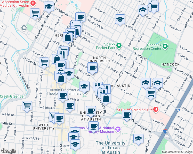 map of restaurants, bars, coffee shops, grocery stores, and more near 3115 Helms Street in Austin