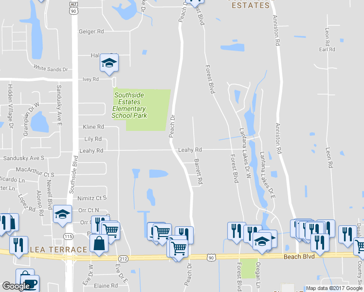 map of restaurants, bars, coffee shops, grocery stores, and more near 9919 Leahy Road in Jacksonville