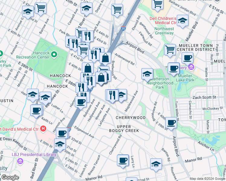 map of restaurants, bars, coffee shops, grocery stores, and more near 1305 Kirkwood Road in Austin
