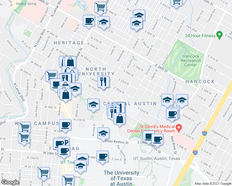 map of restaurants, bars, coffee shops, grocery stores, and more near 3115 Helms Street in Austin