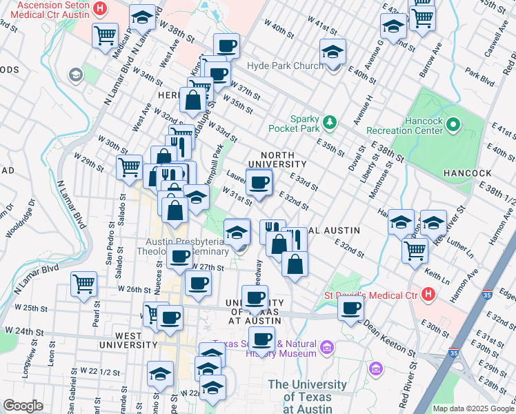 map of restaurants, bars, coffee shops, grocery stores, and more near 3100 Speedway in Austin