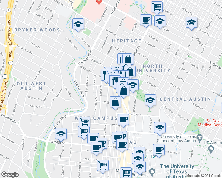 map of restaurants, bars, coffee shops, grocery stores, and more near 2900 Guadalupe Street in Austin