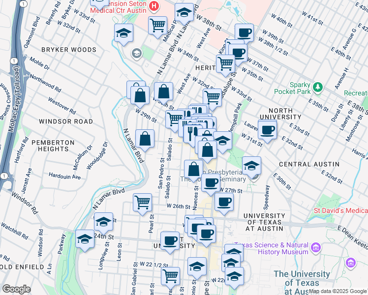 map of restaurants, bars, coffee shops, grocery stores, and more near 704 West 28th 1/2 Street in Austin