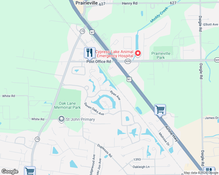 map of restaurants, bars, coffee shops, grocery stores, and more near 15422 Ryan Avenue in Prairieville