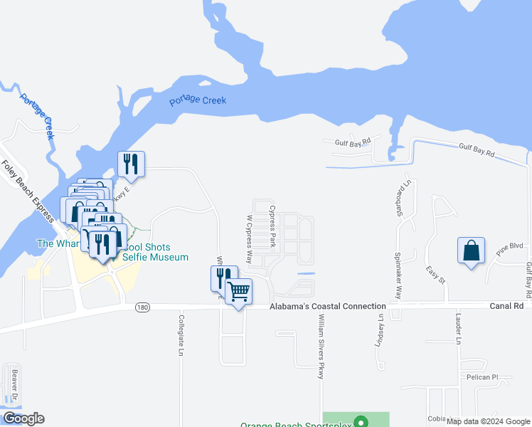 map of restaurants, bars, coffee shops, grocery stores, and more near 23824 West Cypress Way in Orange Beach