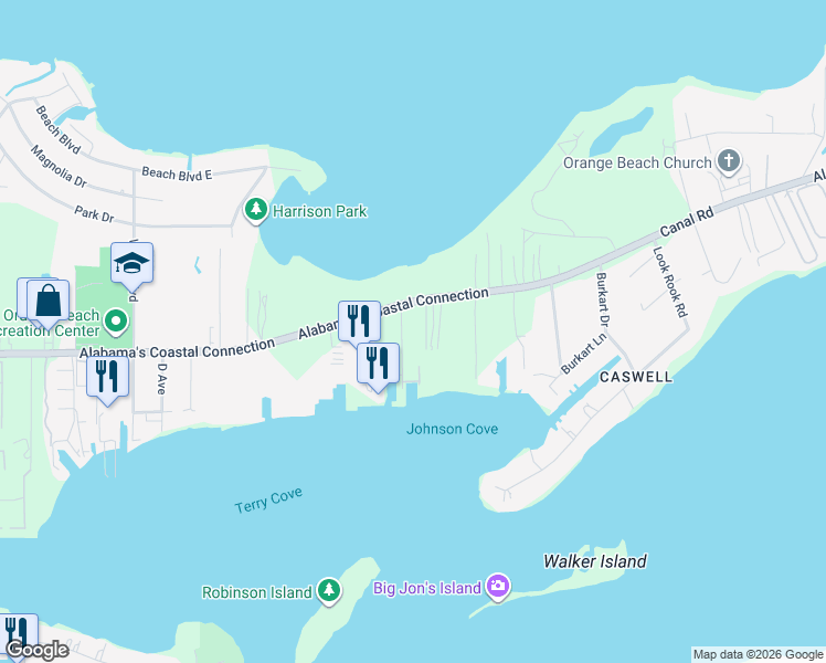 map of restaurants, bars, coffee shops, grocery stores, and more near 4809 McNutt Lane in Orange Beach