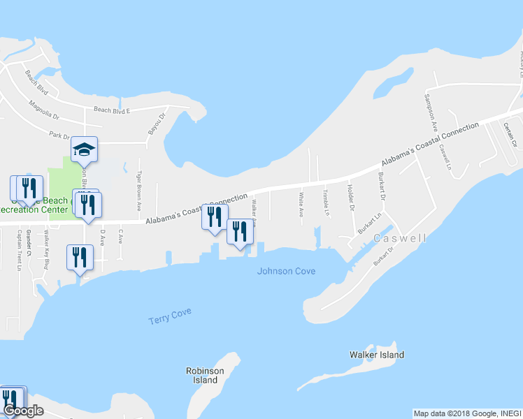 map of restaurants, bars, coffee shops, grocery stores, and more near 4794 Walker Avenue in Orange Beach