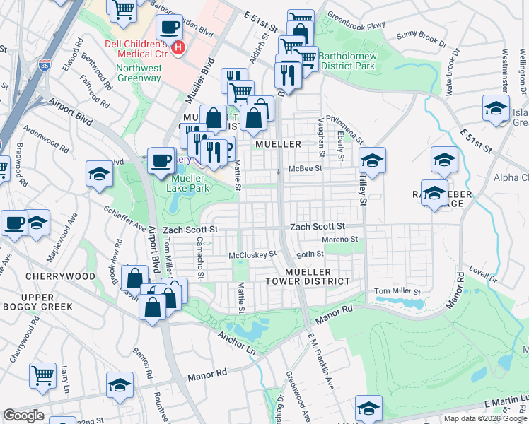 map of restaurants, bars, coffee shops, grocery stores, and more near 4241 Threadgill Street in Austin
