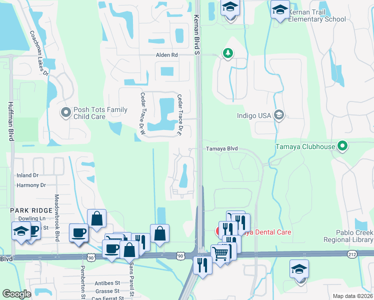 map of restaurants, bars, coffee shops, grocery stores, and more near 12210 Cedar Trace Drive North in Jacksonville