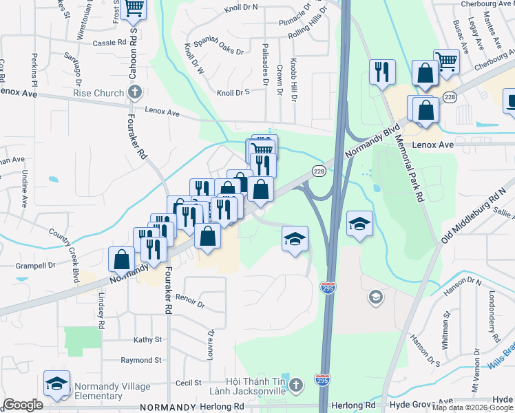 map of restaurants, bars, coffee shops, grocery stores, and more near 7778 Normandy Boulevard in Jacksonville