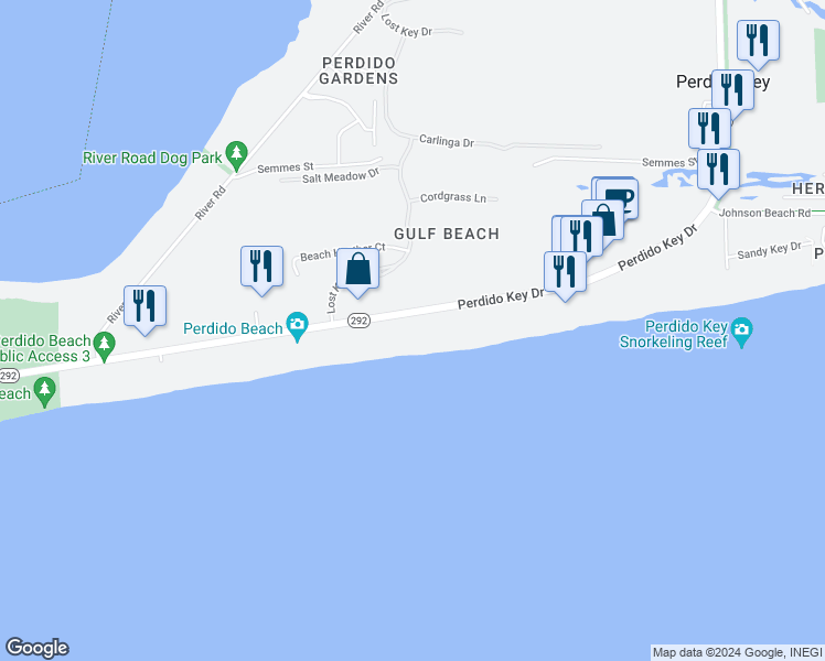 map of restaurants, bars, coffee shops, grocery stores, and more near 14125 Perdido Key Drive in Pensacola
